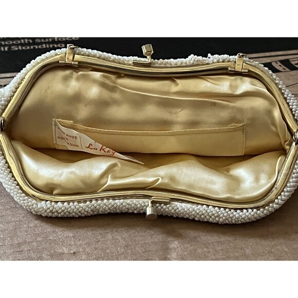 vintage la regale beaded purse White Beads Yellow Satin Lining Chain Handmade HK - Picture 7 of 11